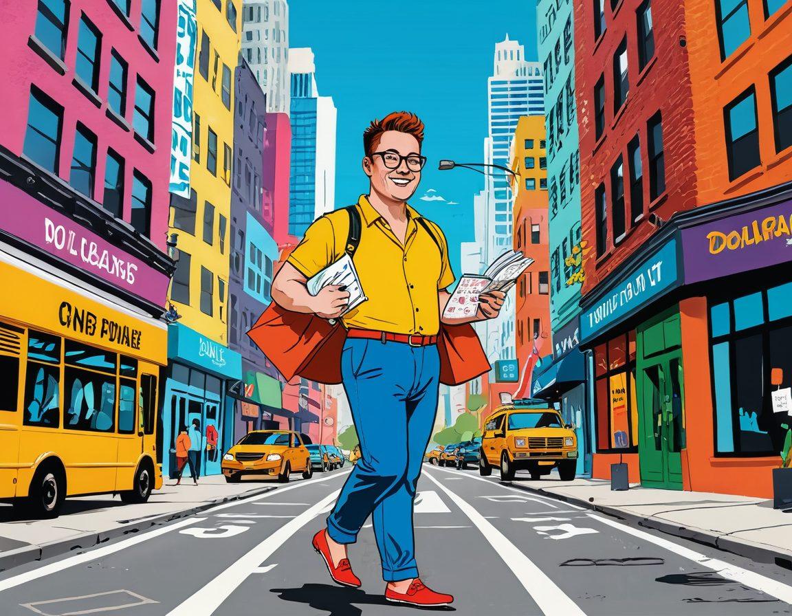 A whimsical and humorous scene of a person confidently strutting down a vibrant city street, wearing a colorful thong and carrying a stylish budgeting planner in one hand. The background features playful dollar signs and colorful graphs, symbolizing personal finance. The atmosphere is lively and fun, radiating confidence and financial savvy. Bright, bold colors to emphasize the cheeky theme. cartoonish style. vibrant colors. white background.