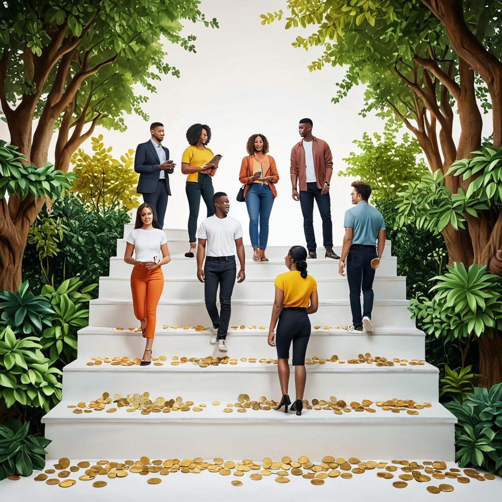 A vibrant illustration of a diverse group of people, each showcasing different money strategies, like budgeting, investing, and saving, standing together on a staircase leading to a bright future represented by growing trees and coins. Incorporate elements of empowerment such as books and tools symbolizing financial literacy. The background should be a gradient of warm colors symbolizing positivity and growth. super-realistic. vibrant colors. white background.